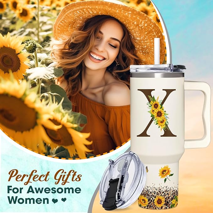Personalized Birthday Gifts For Women - Sunflowers Monogrammed Cup For Boss Day, Christmas - Customized Gifts For Women, Mom, Wife, Coworkers, Boss Lady, Her - Custom Tumbler With Handle 40oz
