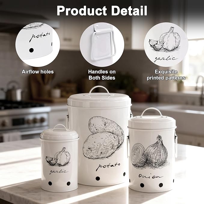 Kitchen Potato and Onion Storage Bin,Metal Vegetable Storage Bins Set of 3 with Aerating Holes and Lids,Farmhouse Canisters Sets for the Kitchen Countertop (1, Circular)