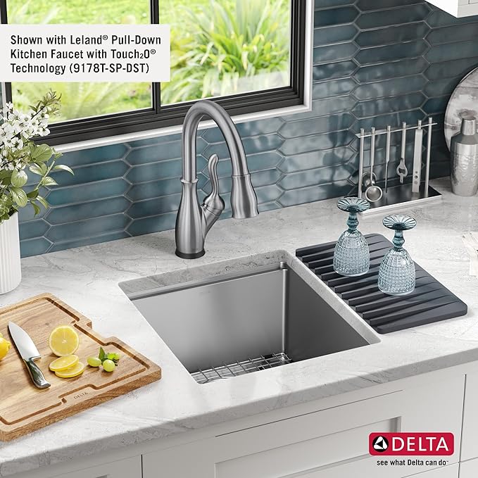 DELTA FAUCET Lorelai 17-inch Workstation Bar Prep Kitchen Sink Undermount 16 Gauge Stainless Steel Single Bowl with WorkFlow Ledge and Kit of 5 Accessories, 95B9032-17S-SS