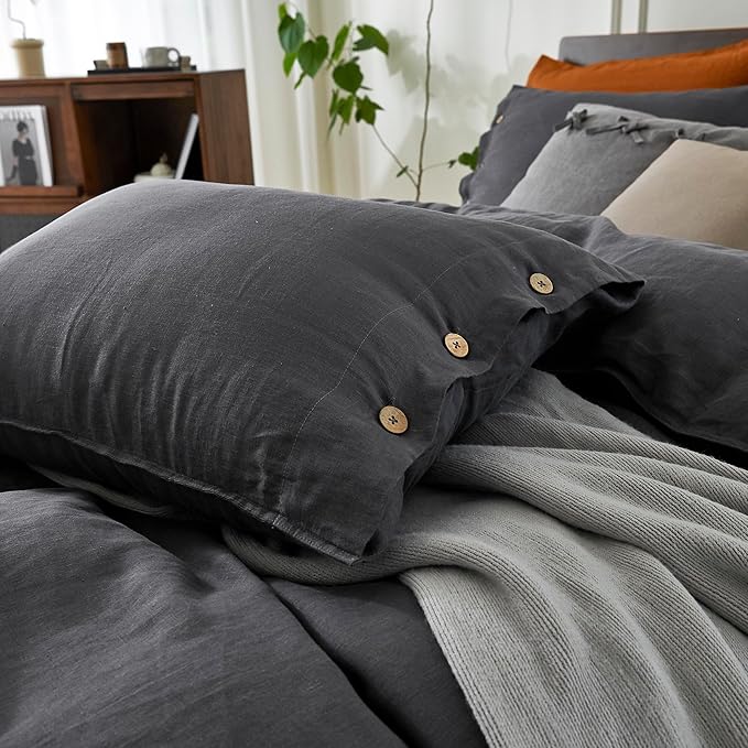 EVERLY 100% Pure Linen Duvet Cover Set Twin Size 68X90Inch 3pcs (1 Duvet Cover,1Pillowcases) Soft and Breathable for All Season with Coconut Button Closure, Suitable for Hot Sleepers-Dark Grey