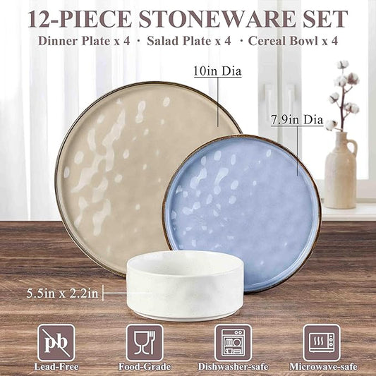 Herogo 12 Pieces Dishware Sets for 4, Stoneware Dinnerware Dish Set, Dinner Plates and Bowls for Home Kitchen, Dishwasher & Microwave Safe, Multicolor
