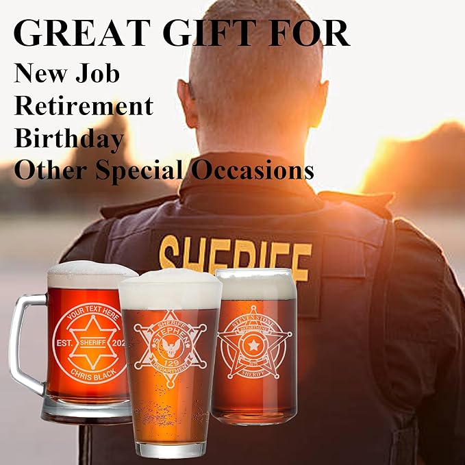 Personalized Beer Pint with Sheriff Badge for Law Enforcement, Custom Name and Number, Engraved Beer Glass with handle, Custom Gift For Men Dad Father's Day Police Officer
