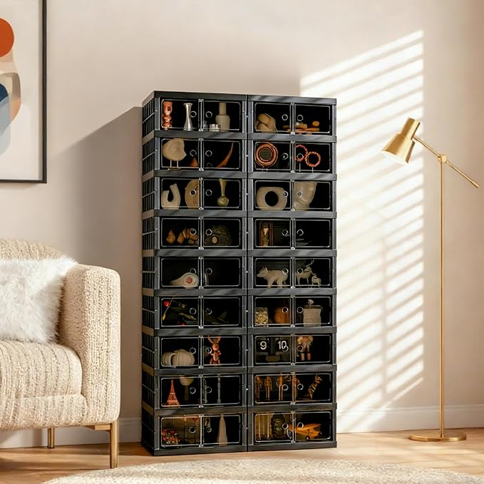 Foldable Shoe Organizer Storage Box, Portable Extra Large Folding Shoe Rack for Closet, Shoe Storage Box with Magnetic Transparent Door and Wheels, 9 Layers 18 Grids