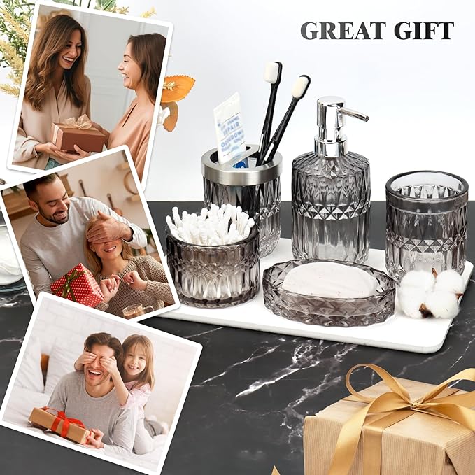 Bathroom Accessories Set, 5Pcs Bathroom Soap Dispenser Set, Glass Bathroom Accessories with Glass Soap Dispenser, Soap Dish, Toothbrush Holder, Tumbler, Cotton Swab Jar (Gradient Black & Clear)
