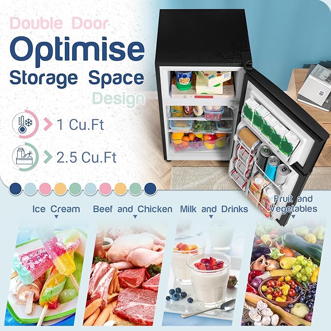 Double Door Refrigerator with Freezer, 3.5 Cu.Ft, Small Fridge with Freezer, 7 Settings Temperature Adjustable, Mini Refrigerator for Office and Apartment Bedroom Dorm(3.5 Cu.Ft, Black)