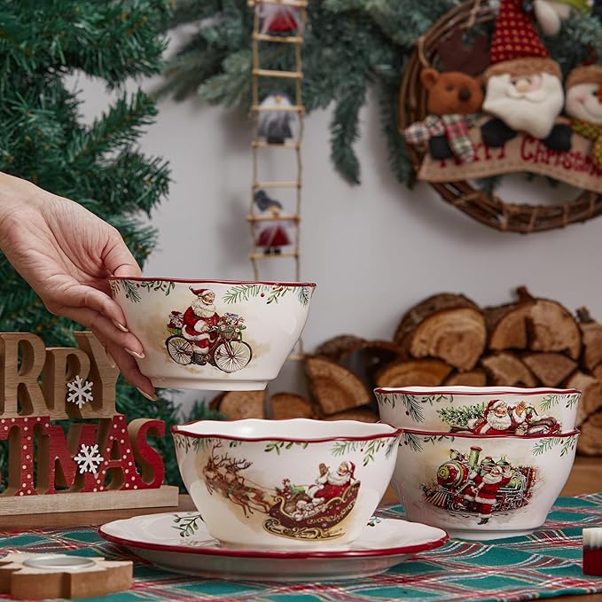 Bico Santa On The Way Cereal Bowls Set of 4, 25 oz Deep Ceramic Soup Bowls for Cereal, Salad, Noodles, Kitchen, Microwave and Dishwasher Safe, Gift for Housewarming and Christmas