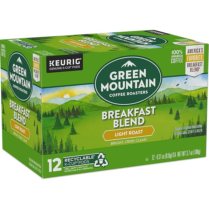 Green Mountain Coffee Roasters Breakfast Blend Single-Serve Keurig K-Cup Pods, Light Roast Coffee, 12 Count