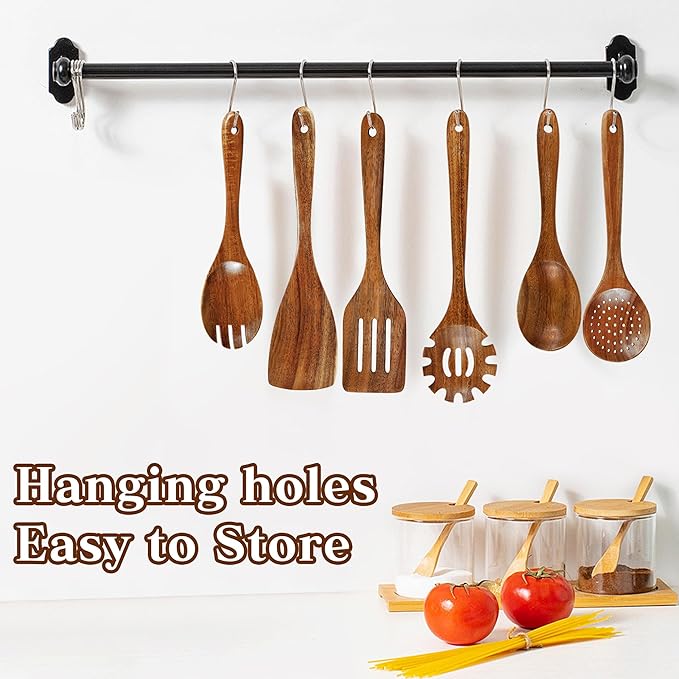Pleafind Natural Solid Wooden Utensil Set - 10 Pcs, Non-stick Wooden Spoons for Cooking, Soft Comfort-Grip Wooden Cooking Utensils Set, Wood Kitchen Utensil Set for Non-Stick Cookware