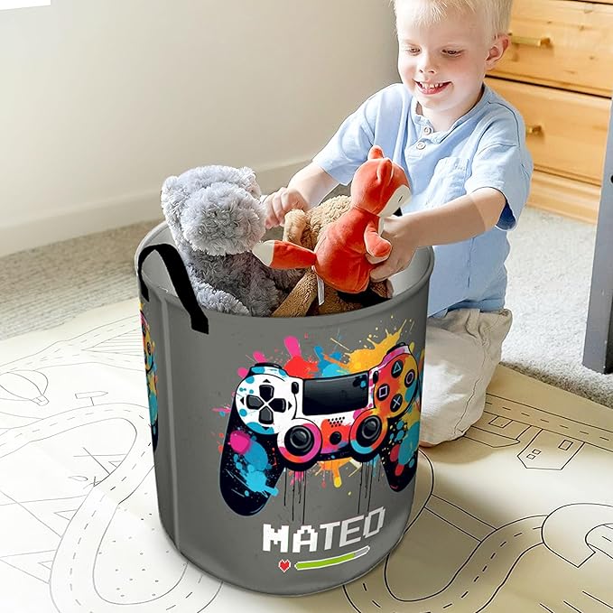callie Personalized Game Hamper Laundry Basket Toy Storage for Boys, Waterproof Collapsible Dirty Clothes Bin for Kids Bedroom, Gifts for Gamer (13.8" x 16.5", 15.7" x 19.6")