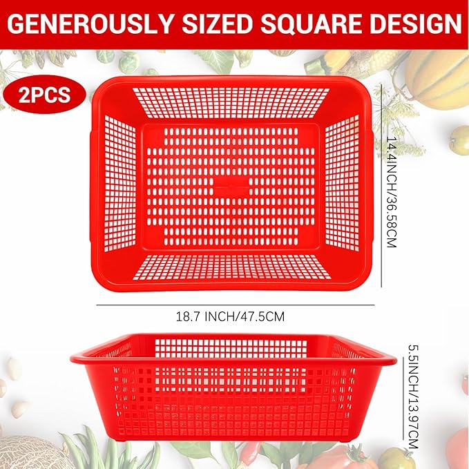 Maxdot 2 Pcs 18.7 x 14.4 x 5.5 Inches Large Plastic Colander for Kitchen Rectangle Perforated Strainer Basket Red Stackable Strainers for Wash Vegetables Fruits Drain Cooked Pasta Food