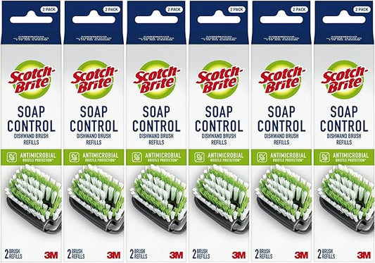 Scotch-Brite Soap Control Dishwand Brush Refills, Non-Scratch Scrub Brush Heads, 12-Pack (6 Packs of 2, 12 Total Refills), Durable & Odor-Resistant, Safe for Non-Stick Cookware & More
