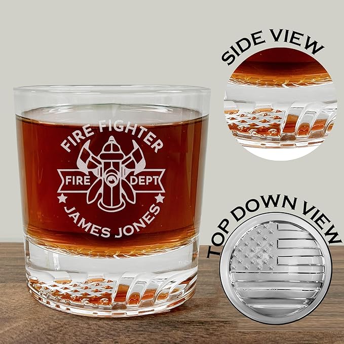 Personalized Firefighter Whiskey Glass, Fathers day gift for dad, Custom Name & Text, Etched Fire Dept Whiskey Glass, 12oz Engraved American Flag Glassware, Fireman Gift, Firefighter Gifts for Men
