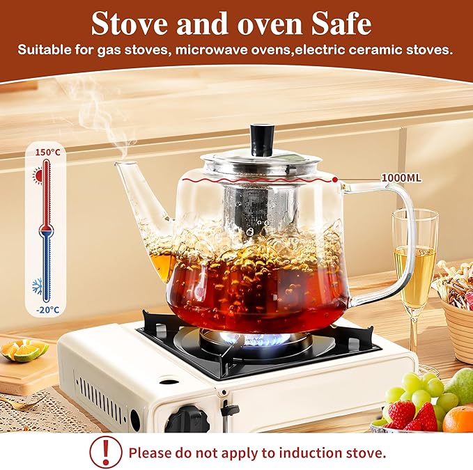 Glass teapot with infuser, Ehugos 1000ml(33oz) Stovetop Safe Hand Crafted Clear Glass Teapot with Removable Infuser for Loose Leaf Tea and Blooming Tea
