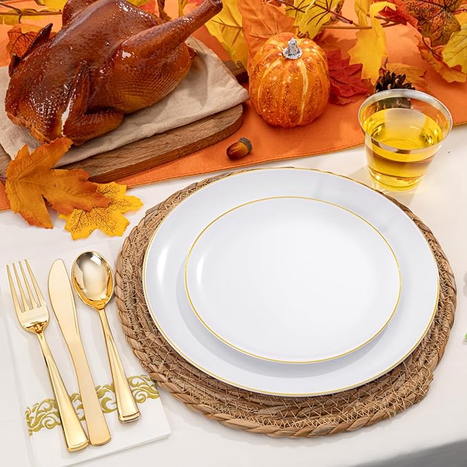 NOCCUR 350PCS Gold Disposable Dinnerware Set for 50 Guests - White and Gold Plastic Plates Include 50 Dinner/Dessert Plates, 150 Silverware and 50 Napkins/Cups Ideal for Party/Christmas