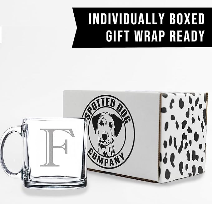 Spotted Dog Company Etched Monogram 12oz Clear Glass Coffee Mug (Letter F), A-Z Customized Coffee Gifts, Custom Engraved Gifts for Women Her, Personalized Gift for Men, Initial
