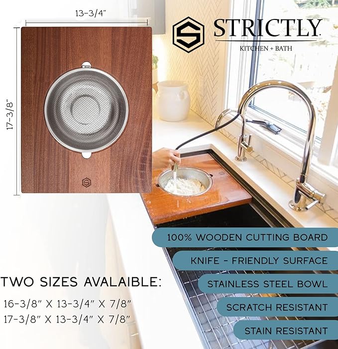 Strictly Sinks Wooden Cutting Board & Strainer Bowl Combo for Kitchen – Over the Sink Cutting Board with Colander, Light Weight & Scratch Resistant Combo ((17-3/8 x 13-3/4 x 7/8))