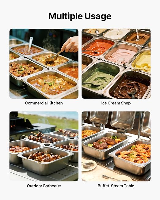 VEVOR 2 Pack Stainless Steam Hotel Pans, 1/2 Size Table Steam Pans With Lids, 6 Inch Deep, Anti Jam Restaurant Supplies Reusable Catering Storage for Home, Party, Restaurant, Hotel, Buffet