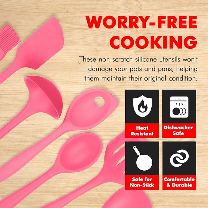 Chef Craft - Premium Silicone Kitchen Tools and Utensils Set, Non-Scratch, Withstands Temperatures up to 450°F, BPA-Free, 7 Piece Cooking Utensils Set, Pink