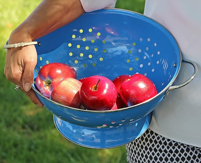 Reston Lloyd Calypso Basics Extra Large Enameled Colander with Solid Base, Strainer Basket with Handles, for Pasta, Berries, Vegetables, Fruit, 7 Quart, 224oz/ 6.6 L ), Azure
