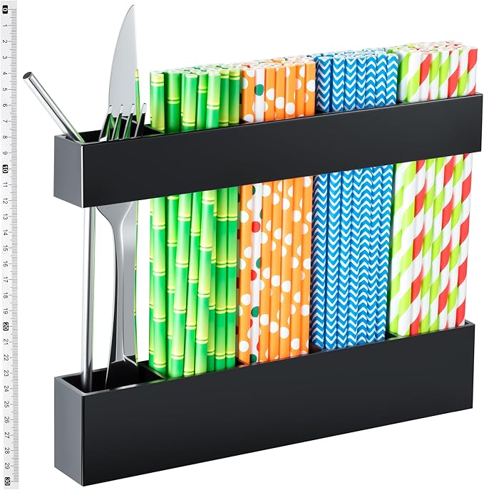 CIEO Straw Organizer for Cabinet Door Storage, 9.5" Large Acrylic Holder for Reusable Tumbler Straws Chopsticks Spoons, Adhesive Under Cabinet Mount Kitchen Container（Black）