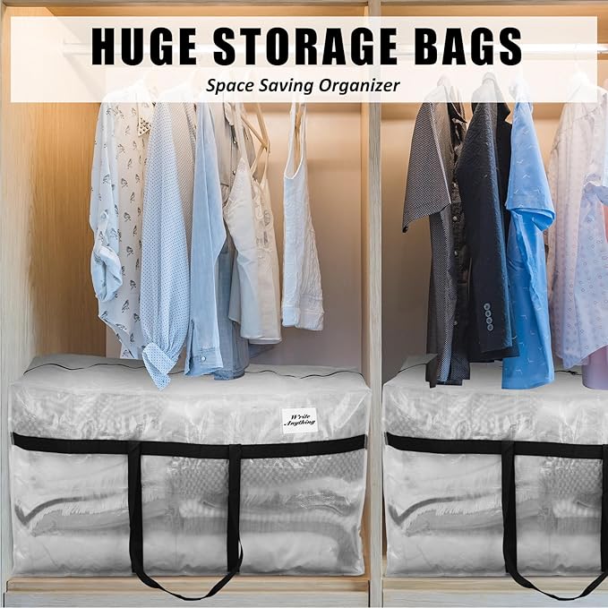 4 Pcs 96 Gallon Large Moving Bags with Zipper and Handles Foldable Storage Duffle Bags Heavy Duty Extra Large Totes for College Dorm Travel Clothes Blankets Bedding Moving (Clear)