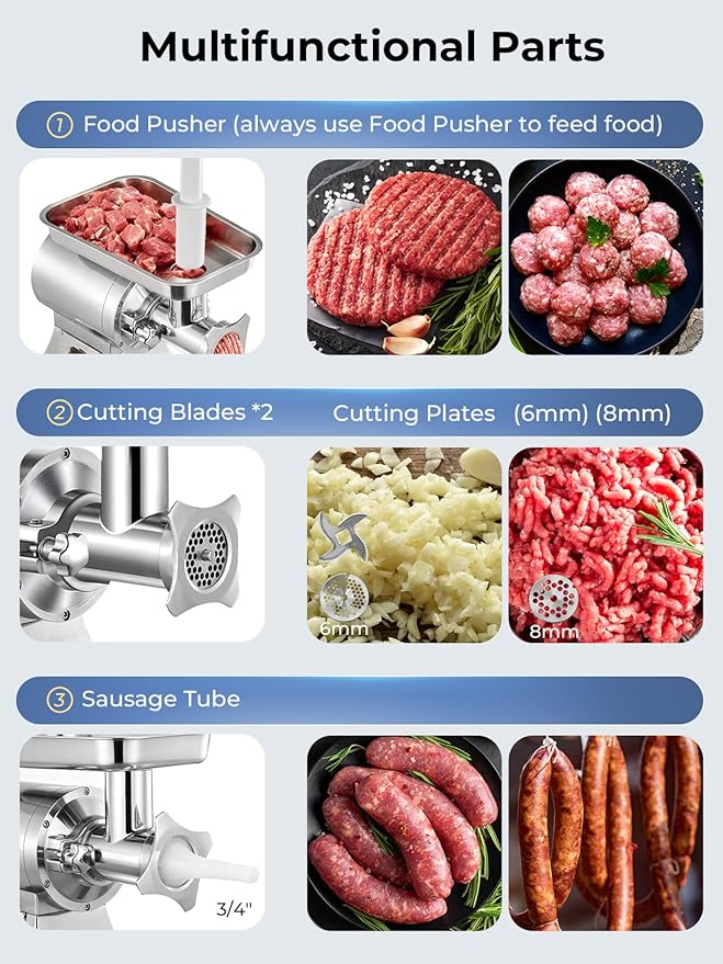 Commercial Meat Grinder, 1100W Electric Meat Grinder Heavy Duty, 330LBS/H Meat Mincer with 2 Blades, 2 Cutting Plates, Sausage Tube, Stainless Steel Hopper Plate for Kitchen Restaurant Butcher Store
