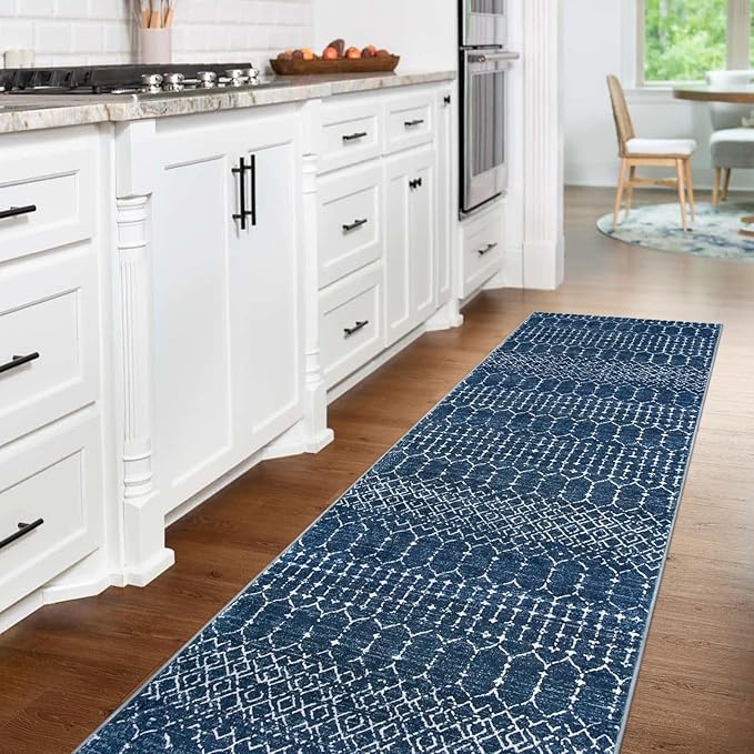 Lahome Moroccan Washable Kitchen Runner - 2x8 Carpet Runners for Hallway 8Ft Low-Profile Non-Slip, Indoor Geometric Print Distressed Rug for Entryway Laundry Room Foyer, (Blue,2'x8')