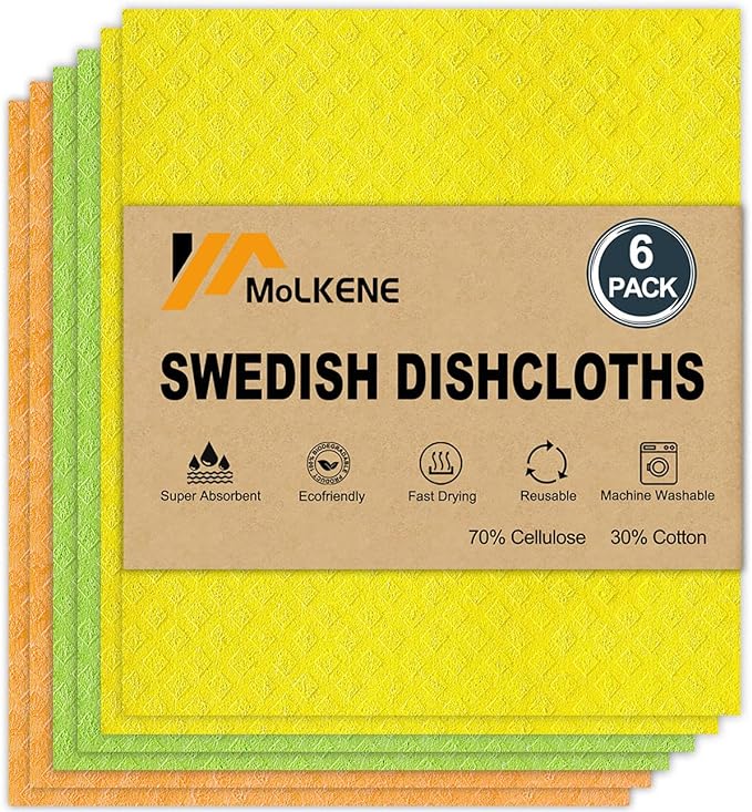 Swedish Dishcloths for Kitchen | 6 Pack Dish Towels Cellulose Sponge Cloths | Non-Scratch Reusable Paper Towels Washable | No Odor Fast Drying Swedish Cloths, Multicolor