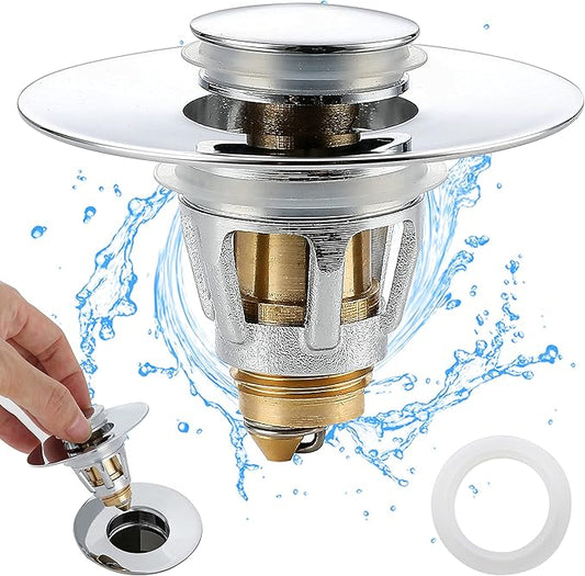 Bathroom Sink Stopper - for 1.25" Standard Drain Holes, Pop Up Sink Strainer, Bullet Core Push Type Stainless Steel Plug