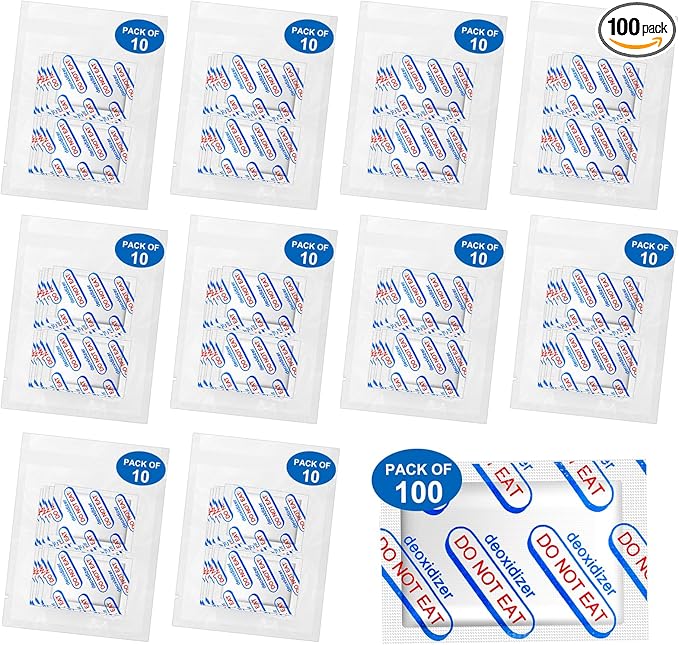100 Packs 400CC Oxygen Absorbers (10 Packs in Individual Vacuum Bag), Food Grade Oxygen Absorbers for Food Storage, Perfect for Mylar Bags, Canning, Mason Jars