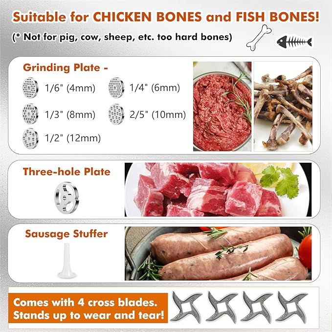 Anatole Commercial Electric Meat Grinder 1.8 HP 1300 W All Stainless Steel Meat Bones Mincer Heavy Duty Sausage Stuffer with 6 Grinding Plates 4 Blades for Restaurant Hotel 110V
