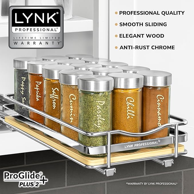 LYNK PROFESSIONAL® Élite™ Pull Out Spice Rack Organizer for Inside Kitchen Cabinets - 6-3/8 inch Wide - Slide Out Drawer – Wood/Chrome Sliding Spice Cabinet Organization Shelf Racks - 1 Tier