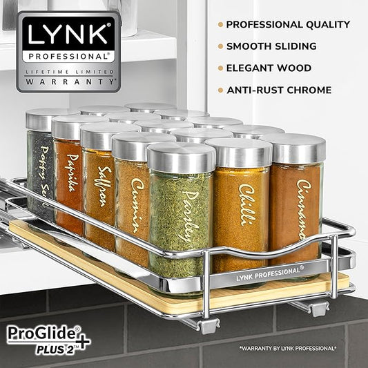 LYNK PROFESSIONAL® Élite™ Pull Out Spice Rack Organizer for Inside Kitchen Cabinets - 6-3/8 inch Wide - Slide Out Drawer – Wood/Chrome Sliding Spice Cabinet Organization Shelf Racks - 1 Tier