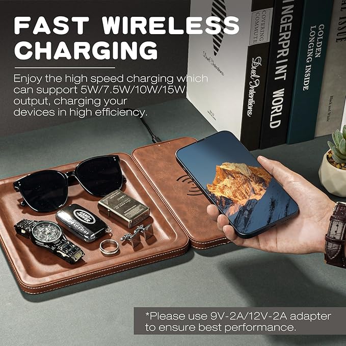 Gifts for Men Dad Husband from Daughter Son Wife, PU Leather Wireless Charging Station and Valet Tray, Xmas Present Stocking Stuffers, Boyfriend Christmas Anniversary Birthday Gifts for Him