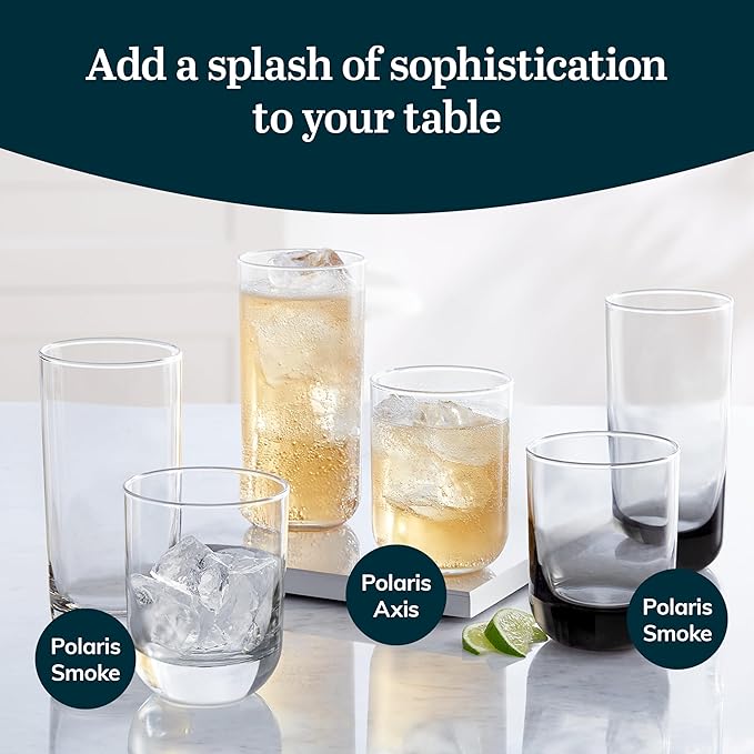 Libbey Polaris Tumbler and Rocks Glass Set, Elegant Drinkware Glasses Set, Lead-Free Tall Drinking Glasses with Modern Clean Lines, Dishwasher Safe Drinking Glasses Set of 16, Axis