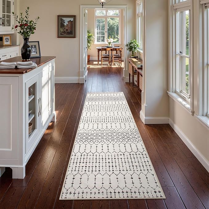 Lahome Moroccan Washable 2x6 Runner Rug, Non-Slip Beige Kitchen Hallway Runner Rug, Ultra Soft Geometric Print Distressed Floor Carpet for Hallways Entryway Bedroom Laundry