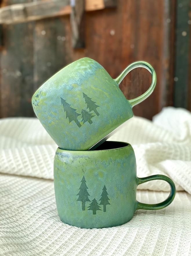 Medium Ceramic Coffee Mug Set of 2, 12 Oz, Stoneware Tea Cup for Office and Home, Dishwasher and Microwave Safe (Forest Green with Three Laser-engraved trees, 2) (Art Deco)