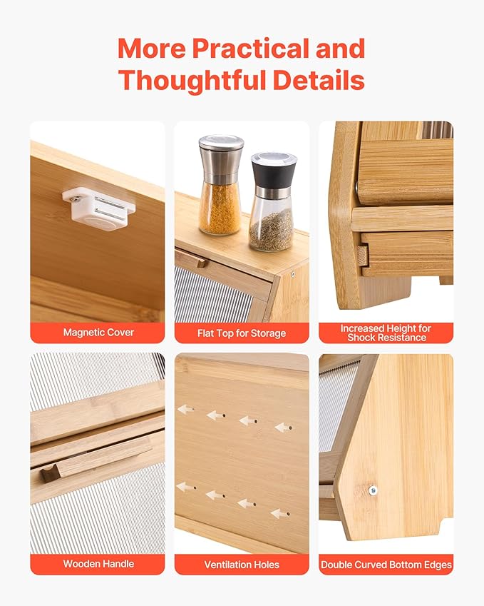 VEVOR Double Layer Bread Box for Kitchen Counter, Large Capacity Bamboo Bread Storage Container, Farmhouse Wooden Breadbox for Homemade Bread, Storage Holder Bin with Acrylic Wavy Door Panel, Natural