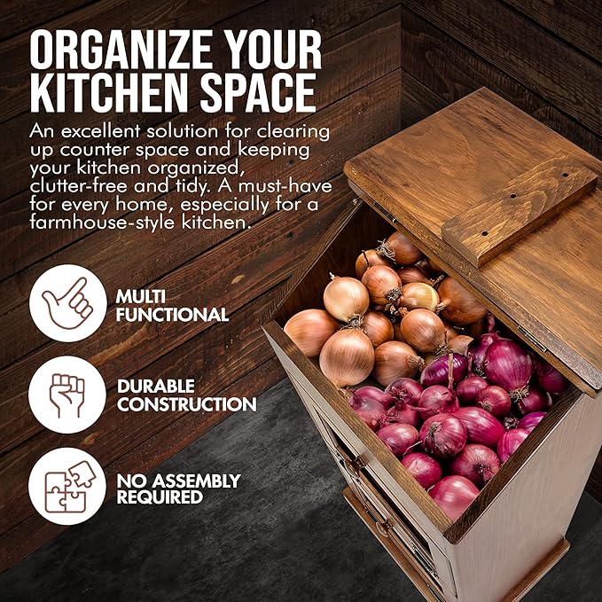 Peaceful Classics Potato Storage Wood Box, Wooden Bread Storage Bins, Decorative Potato Onion Storage Bin, Potato Bin w/Grocery Section, Wooden Vegetable Storage w/Lid Kitchen Pantry, Cherry KS302C
