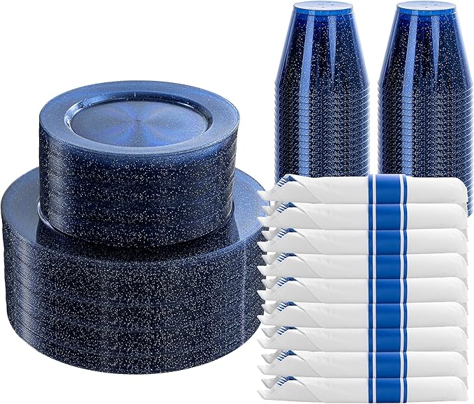 DaYammi 210PCS Cobalt Blue Glitter Plastic Dinnerware Set for 30 Guests, Fancy Disposable Plates for Party, Include: 30 Dinner Plates, 30 Dessert Plates, 30 Pre Rolled Napkins with Silverware, 30 Cups