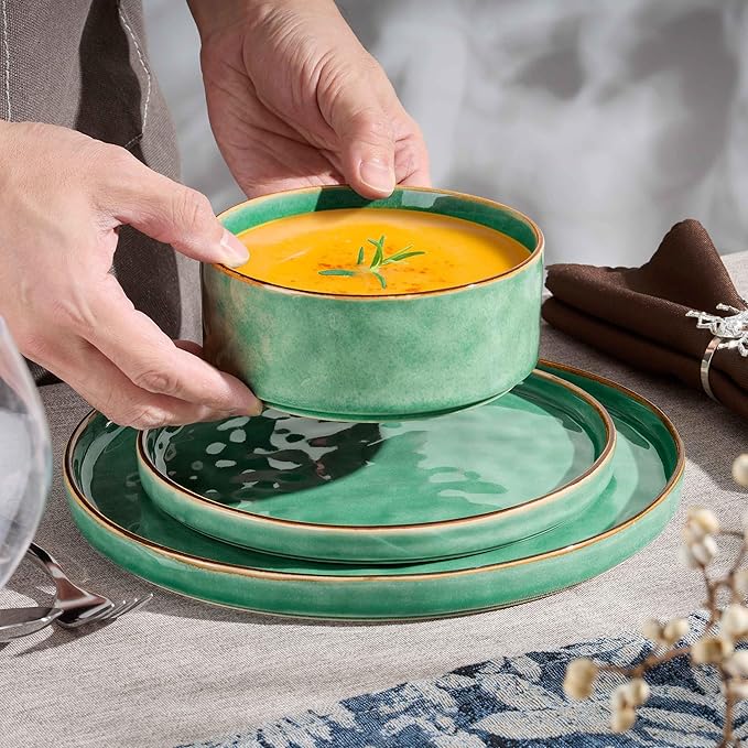 Herogo 18 Pieces Dinnerware Sets, Serving Plates and Bowls Sets for 6, Stoneware Dishes for Dinner, Salad, Cereal, Dishwasher & Microwave Safe, Gemstone Green