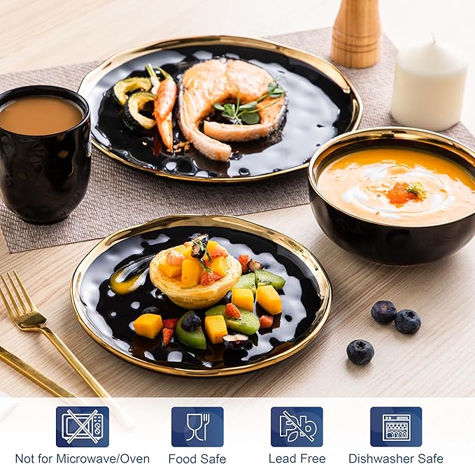 LOVECASA 16 Pieces Plates and Bowls Sets, Porcelain Black and Gold Dinnerware Sets, Round Dinner Plates Dishes Set Service for 4, Dishwasher Safe and Scratch Resistant, Black