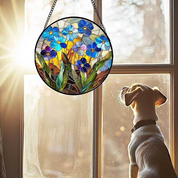 Stained Glass Window Hanging - Blue Wildflower Plant Flowers Sun Catcher for Door Garden Home Decor Suncatcher Christmas Mother's Day Birthday Gifts for Women Men Mom Nana 15 in