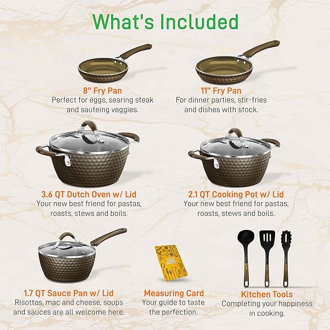 NutriChef 11-Piece Nonstick Kitchen Cookware Set - PTFE/PFOA/PFOS-Free Heat Resistant Kitchen Ware Pots Pan Set Coffee Ceramic Coating - Saucepot, Pans, Cooking Pot Oven Pot, Lid, Utensil NCCW11COF