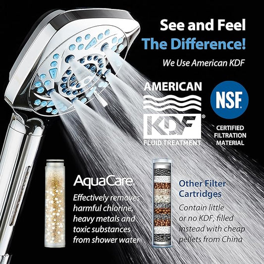 AquaCare High Pressure 10 Spray Mode Filtered Showerhead - Handheld Shower Head Filters Chlorine to Heal Dry Skin, Revive Hair - Dual Power Wash Cleans Tub, Tile, Pets - Hard Water Softener, Chrome