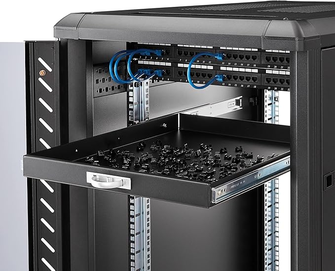 StarTech.com 1U Sliding Server Rack Mount Keyboard Shelf Tray, 55lbs (25Kg), 22in (55cm) Deep Steel Pull Out Drawer for Racks