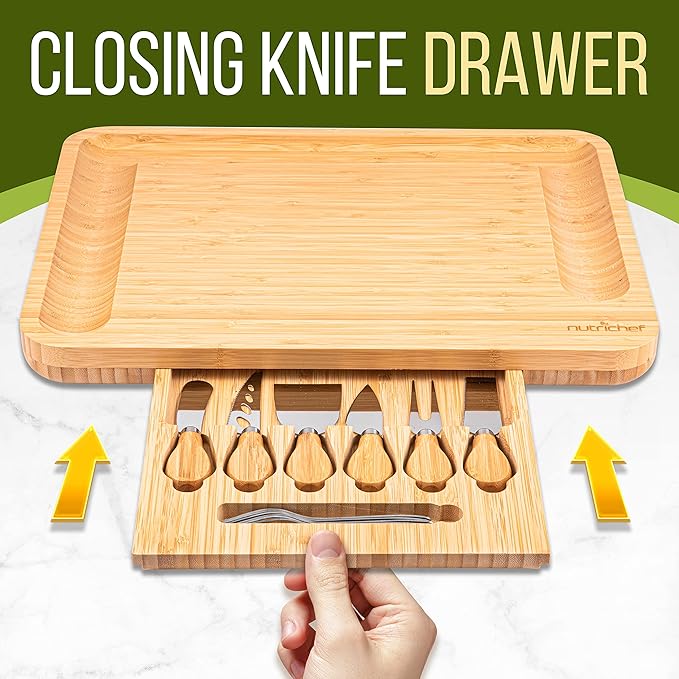 NutriChef Natural Bamboo Cheese Board Set with Bonus Condiment Cup-Extra Large Size 100% Home Organic Wooden Plate and Charcuterie Tray with 4 pcs Cutting Knife Slicer