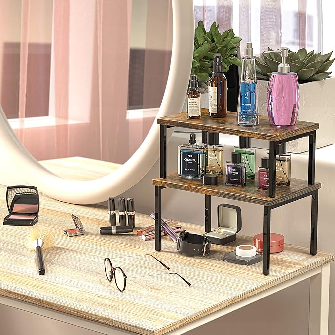Simple Houseware Wooden Top Expandable Stackable Kitchen Cabinet and Counter Shelf Organizer, Rustic Brown