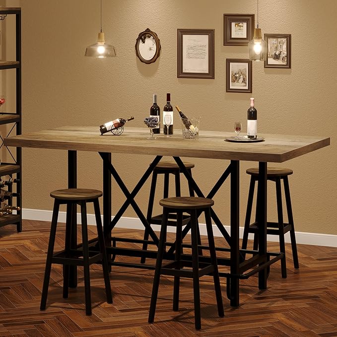 Tribesigns Bar Table, Industrial Counter Height Pub Table with Metal Footrest, 63-Inch Rectangle Wood Kitchen Dining Table with Sturdy Metal Frame for Dining Room, Home Bar (Gray)