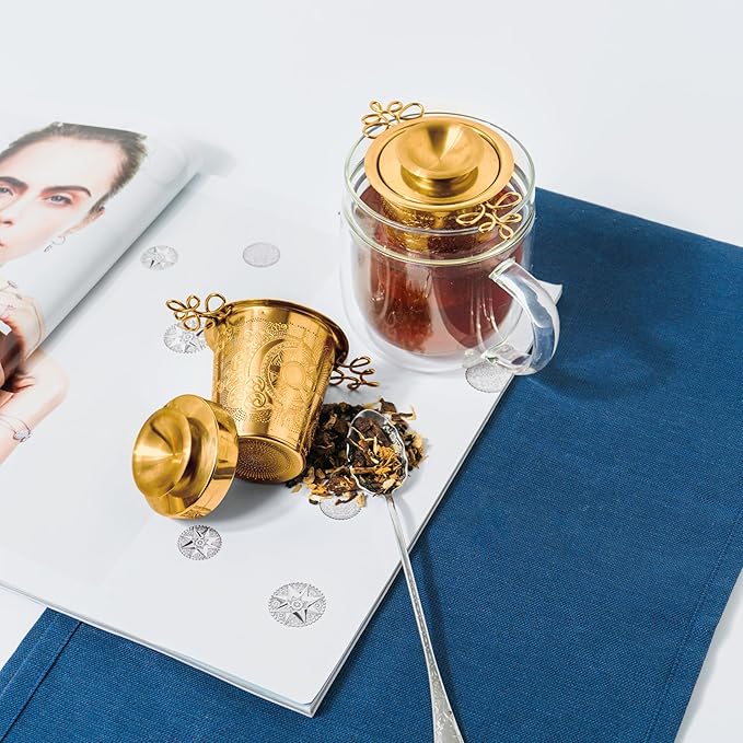 Stainless Steel Tea Infuser Basket - Engraved Floral Strainer with Crystal Chain, Fine Mesh Filter for Loose Leaf Tea, Ergonomic Handle & Gift Box